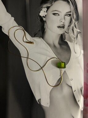 Gold-Tone Chain Necklace with Green Glass Pendant